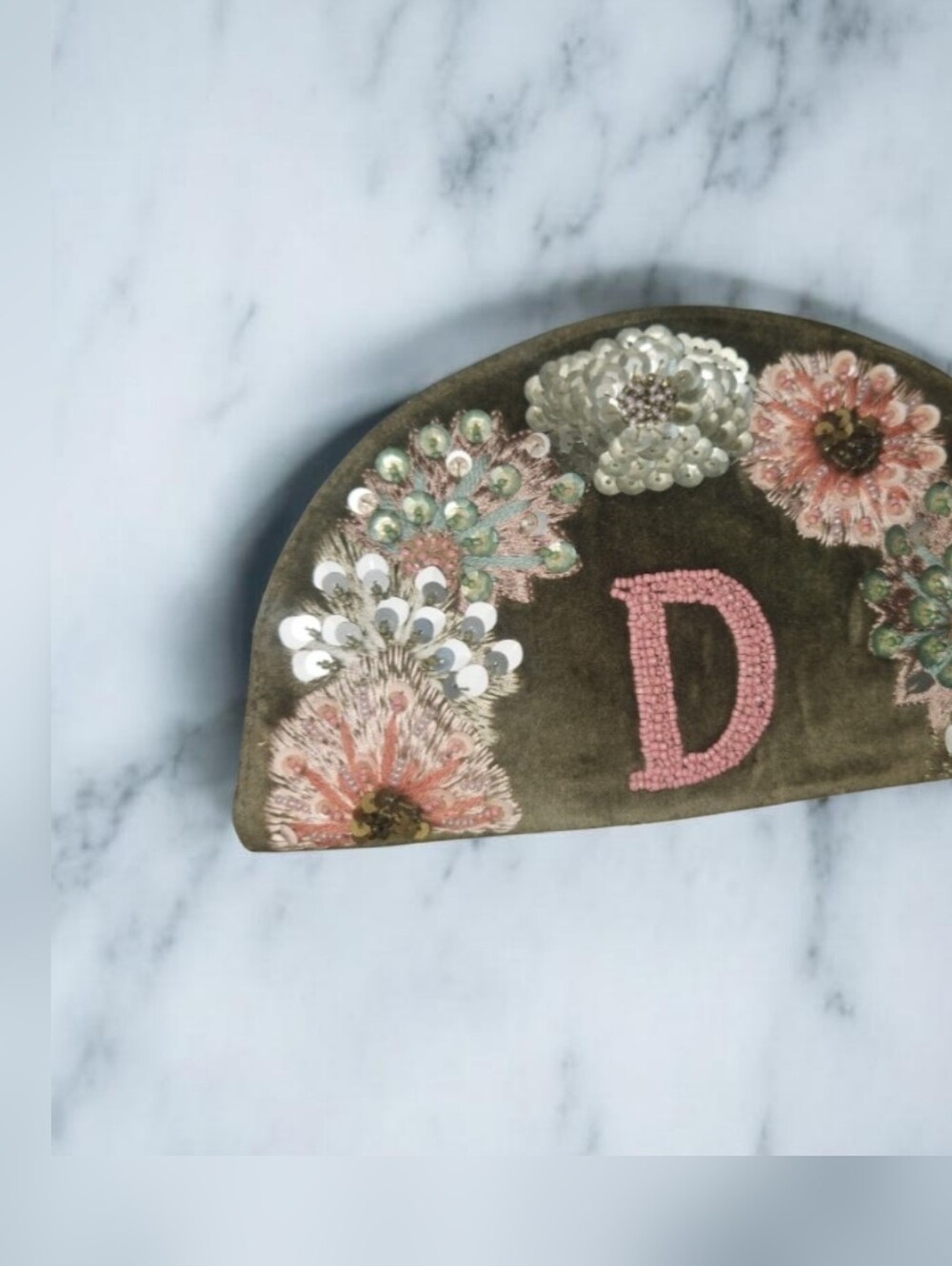 Anthropologie Olive Green Embellished Half-Moon Cosmetic Bag with Pink Monogram